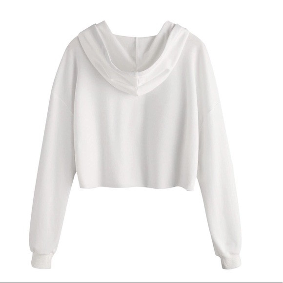 White  Long Sleeve Crop Top Sweatshirt Hoodies - Picture 2 of 8